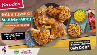 Flame-grilled, PERi-PERi Full Chicken + 2 Reg Sides + 1.25L Coke at only QR 82. *Limited Time Only*