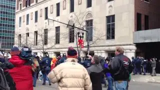 Line of Michigan State Police marching on Right To Work Protesters