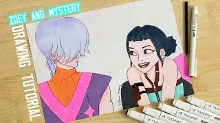 How to draw Zoey and Mystery Saja together from Kpop Demon Hunters