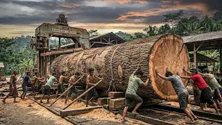Satisfying Huge Log Cutting: Slicing Massive Teak Wood into Premium Slabs with Bandsaw