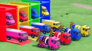 Trucks With COLORS - SCANIA GLOW MIXER TRUCK and IVECO GRAIN TRUCK with TESLA FLATBED TRAILER TRUCK
