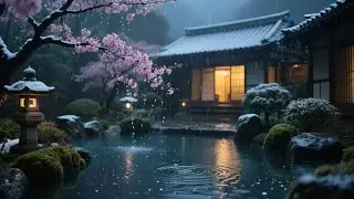Gentle Rain with Piano Sounds and Sakura Trees by a Wooden Home