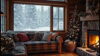 Snowy Cabin Night with Gentle Fireplace Crackles and Soft Snow Sounds for  Relaxation