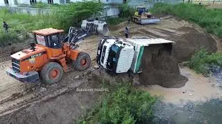 Road Construction! Unexpected Heavy Dump Truck Drive Back Failed Overturn, Recovery By Excavator