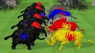 5 black mammoths vs 5 zombie evil buffalo fight baby mammoth elephant saved by black mammoth fight