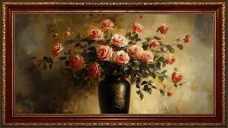 Peach Roses in Black Vase, Vintage Moody Oil Painting | Framed Art Screensaver for TV