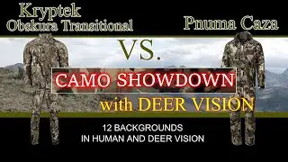 Kryptek Obskura Transitional Compared to Pnuma Caza on 12 Backgrounds in Human and Deer Vision