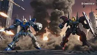 2 gundam robot fighting in a demolished building.