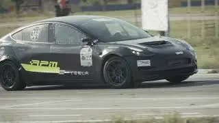 2021. Archive. Slow motion frames of the track oriented Tesla Model 3.