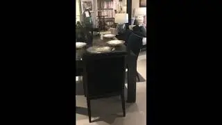 transitional dark brown & black dining table, navy velvet dining chair, decorative glass