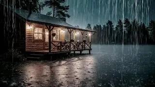 Wooden Cabin Forest Lake Heavy Rainstorm | Night Rain Ambience to Relax
