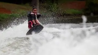 Wakeboard taking young athlete places her legs can't