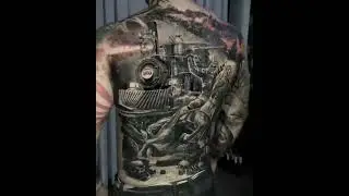 Grey Ink Old Train Tattoo On Full Back