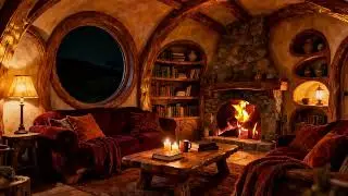 Cozy Hobbit Hole Ambience | Crackling Fireplace & Starry Night for Sleep, Study, Relaxation