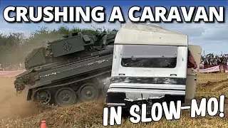 CRUSHING A CARAVAN WITH A TANK IN SLOW MOTION!