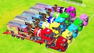 Garage with Colors  - TRANSPORTING SCANIA MIXER TRUCK, FIRE TRUCK WITH COLORED VOLVO TRUCK