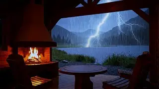 8 Hours Heavy Rain Sounds and Thunder🌧️ Cozy Open Cabin Fireplace by the Lake | Deep Sleep Ambience