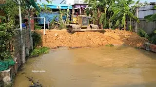 Full video Bulldozer working push Stone deleted deep pit and dump truck 5T unloading stone landfill