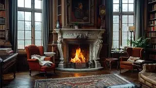 Cozy Winter Library Fireplace | Relax & Unwind w/ Fireplace Sounds and Snowfall