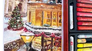 Soft Oil Pastels  |  Snowy Christmas Street  |  Relaxing painting  |  Step by step tutorial