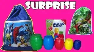 SURPRISE BACKPACK - Disney Avengers Unboxing Toys Stacking Barrels Surprise Toys by JeannetChannel