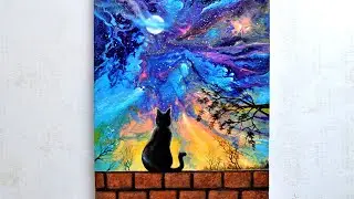 Cat Painting / Abstract Acrylic Landscape Painting with Pouring Colors / Easy Painting For Beginners
