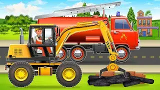 House on Fire - Fire Truck Rescue, Excavator and Cyclop Loader | Construction Vehicles
