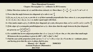 Directional cosines(d.c's) & Directional ratios(d.r's): Rectangular co-ordinates in 3D Geometry