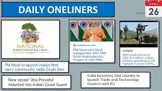 26th April 2022 - Daily One-liner Current Affairs/News for Competitive Exams
