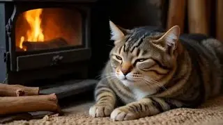 The fluffy cat is resting by the fireplace, dozing off and beginning to snore