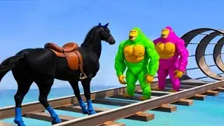 Red horse Spider man crossing bridge // .Horse football cartoon. // crazy horse game video