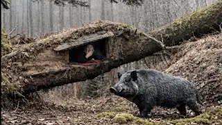 Building a secret shelter in a fallen tree for survival