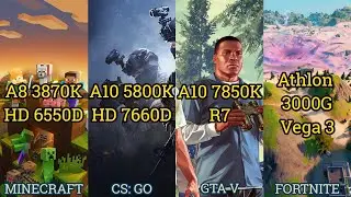 A8 3870K vs A10 5800K vs A10 7850K vs Athlon 3000G = APU TEST in 4 GAMES 2021