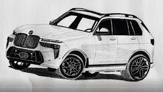 Drawing a car, BMW X7 2025, pencil drawing, Big size SUV.