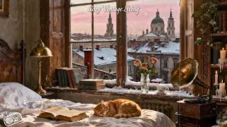 Snowy Vintage Bedroom in Old Europe ❄️ Cozy 1940s Jazz Playing in Another Room | Relax & Sleep