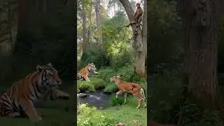 A monkey help a deer from tiger in jungle. #animation #ai #aistory  #animals