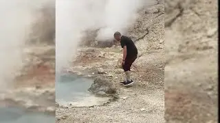 Videos feature a man near thermal feature in Yellowstone National Park