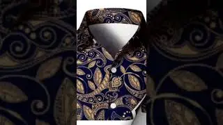 Men's Elegant Formal Shirt - Navy Blue & Golden Floral Print Pattern, Long Sleeve Button-Up