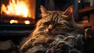 Warm Fireplace Serenade | Relaxing Hearth Crackles With Sleeping Cat