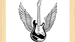 How To Draw A Guitar With Wings || Easy Guitar Drawing