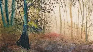 Foggy forest jungle watercolor painting 