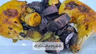 Grilled Chicken Thighs with Purple Sweet Potatoes & Mushrooms