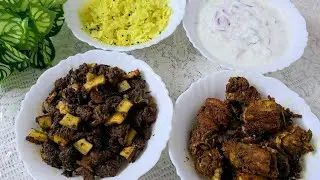 Sunday's Lunch: Thengakothittu Varattiya Beef, Thattukada Chicken Fry, Cabbage Thoran, and Raitha 