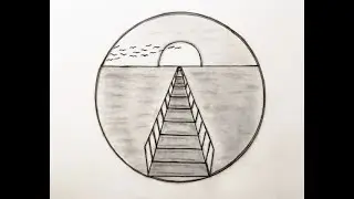 Pencil drawing of sea and bridge / Drawing of birds leaving at sunset