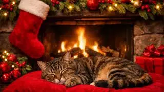 5 Hours Cozy Fireplace 🔥 Sleeping Cat on Red Cushion | Christmas Ambience, Relaxing Fire Sounds