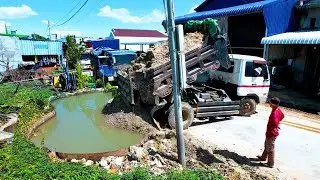 Excellent bulldozer driver push soil and shove the mud for truck unload the soil start to complete