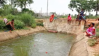 Fishing video | amazing three lady & man catching big fish with hook in village big canal rain water