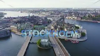 Inscription on video. Stockholm, Sweden. Old Town - Gamla Stan. Riddarholmen. Aerial view. Text from