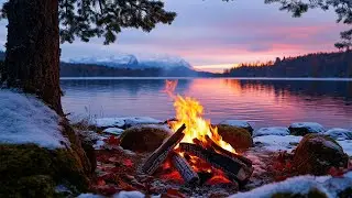 Close-up of a Campfire 4K 🔥Winter Lakeside Ambience ❄️  These Sounds You Can Listen to Forever