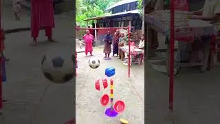 Challenge to break a tower of bowls over bamboo by throwing a football